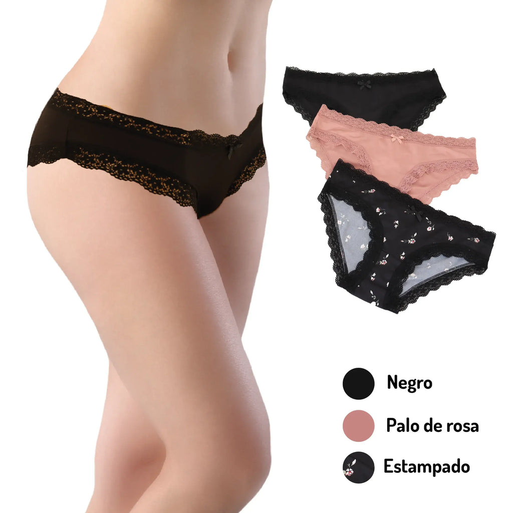 Paquete 3 Bikini Casual Colores Neutros Encaje Mod. 16609