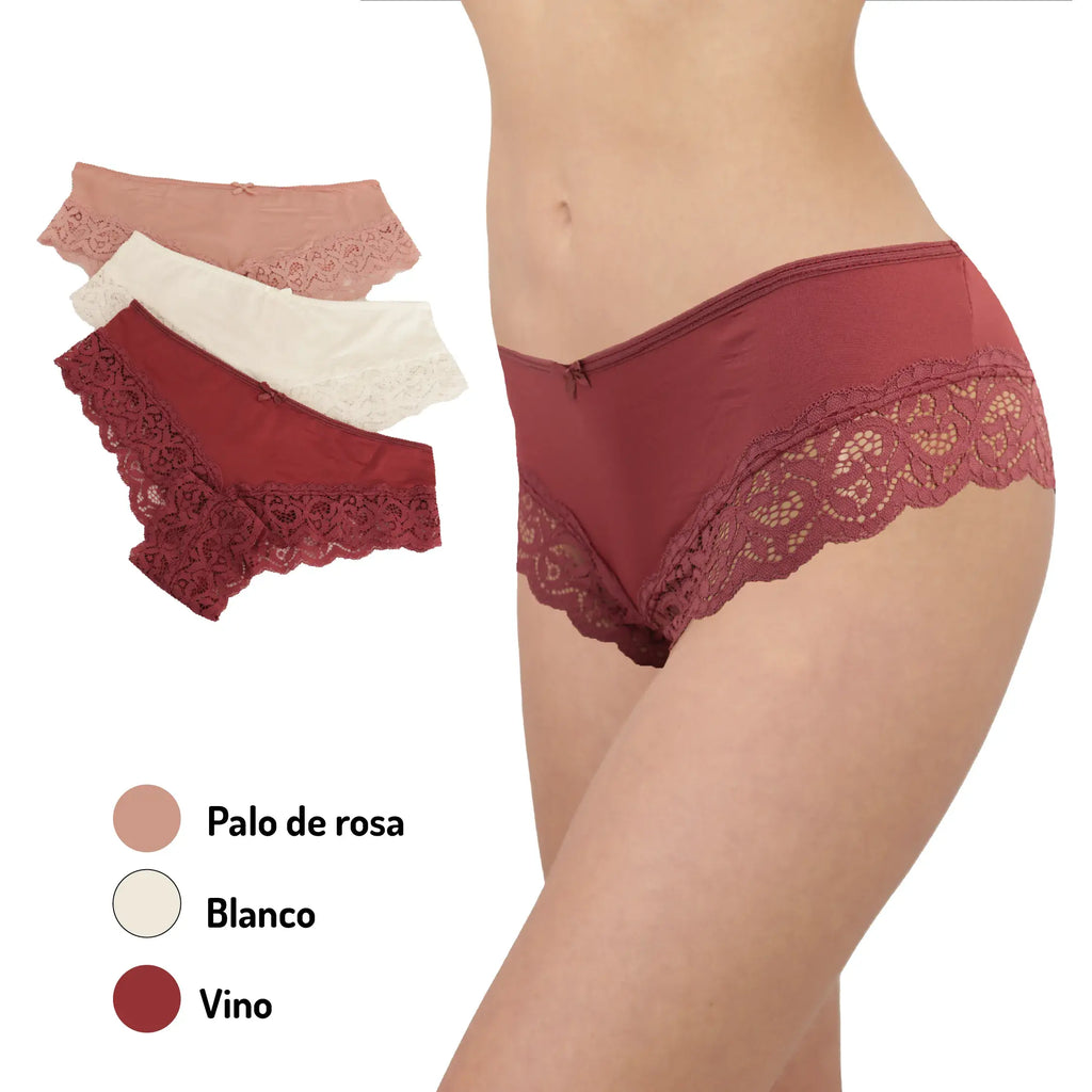 Set De 3 Pantaletas Tipo Boxer Con Encaje Sexy Mod. 14419