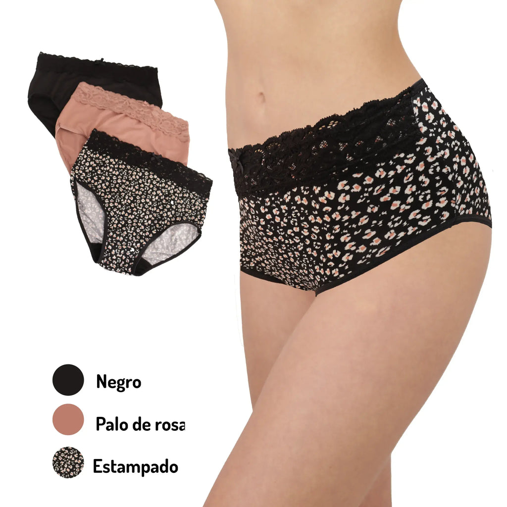 Set De 3 Pantaletas Cintura Alta Encaje Sexybox Mod. 16625