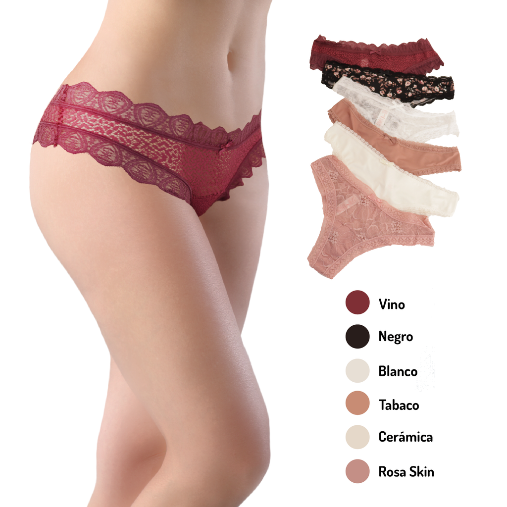 Tanga de moda con encaje delgado marca SEXYBOX paquete de 6 piezas