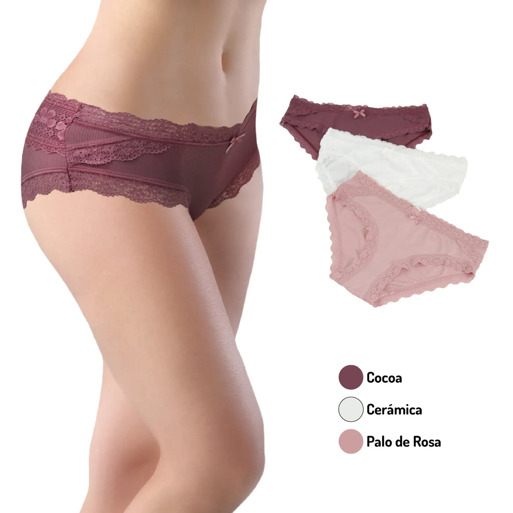 Paquete De 3 Panty Tipo Bikini Suave Encaje Sexybox 21207